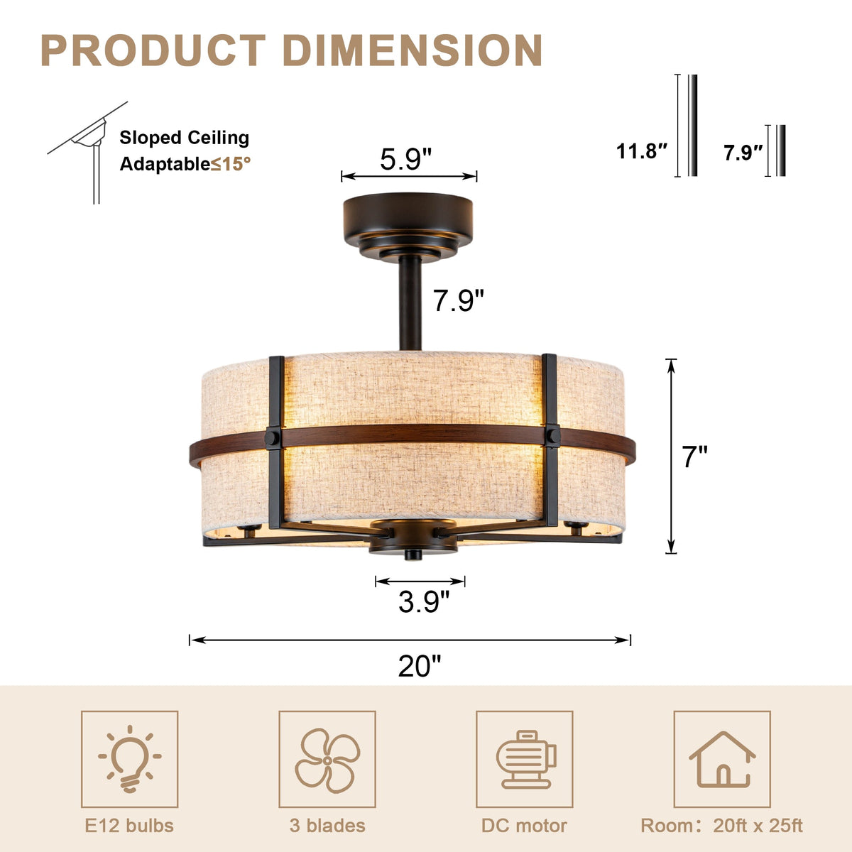20 Inch Farmhouse Drum Caged Ceiling Fan with Lights and Remote APP Control, 6 Speeds DC Motor Reversible Fandelier Ceiling Fan for Bedroom