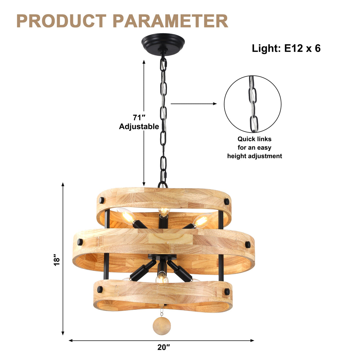 6-Light Farmhouse Weathered Wood Chandelier, 20" 3-Tiered Wooden Chandelier, Rustic Pendant Light for Dining Room