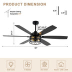 Modern 60 Inch Industrial Caged Ceiling Fan with Light Reversible Quiet DC Motor with 6 Speed Remote Control Ceiling Fan Adjustable Down Rodes Ceiling Fan with Light Suit for Bedroon,Living Room