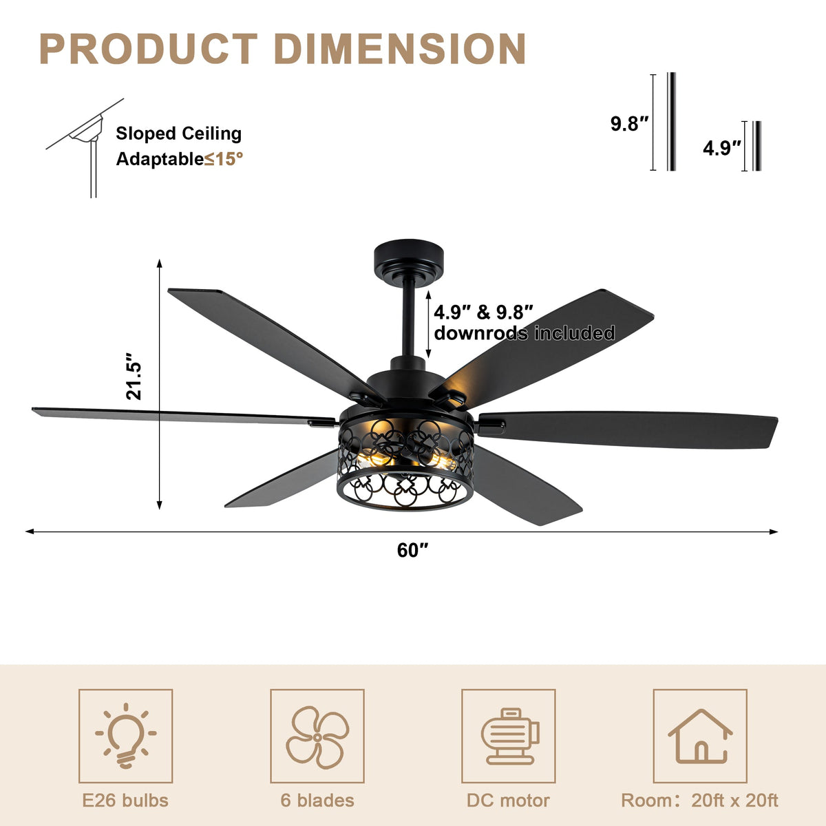Modern 60 Inch Industrial Caged Ceiling Fan with Light Reversible Quiet DC Motor with 6 Speed Remote Control Ceiling Fan Adjustable Down Rodes Ceiling Fan with Light Suit for Bedroon,Living Room