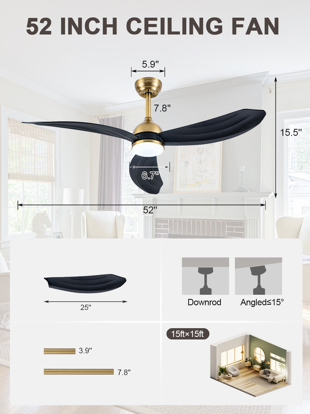 52 Inch Modern Smart Propeller Ceiling Fan with Dimmable LED Light and Remote & APP Control, 6-Speed Reversible Ceiling Fan