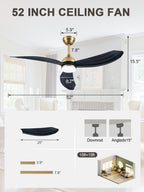 52 Inch Modern Smart Propeller Ceiling Fan with Dimmable LED Light and Remote & APP Control, 6-Speed Reversible Ceiling Fan