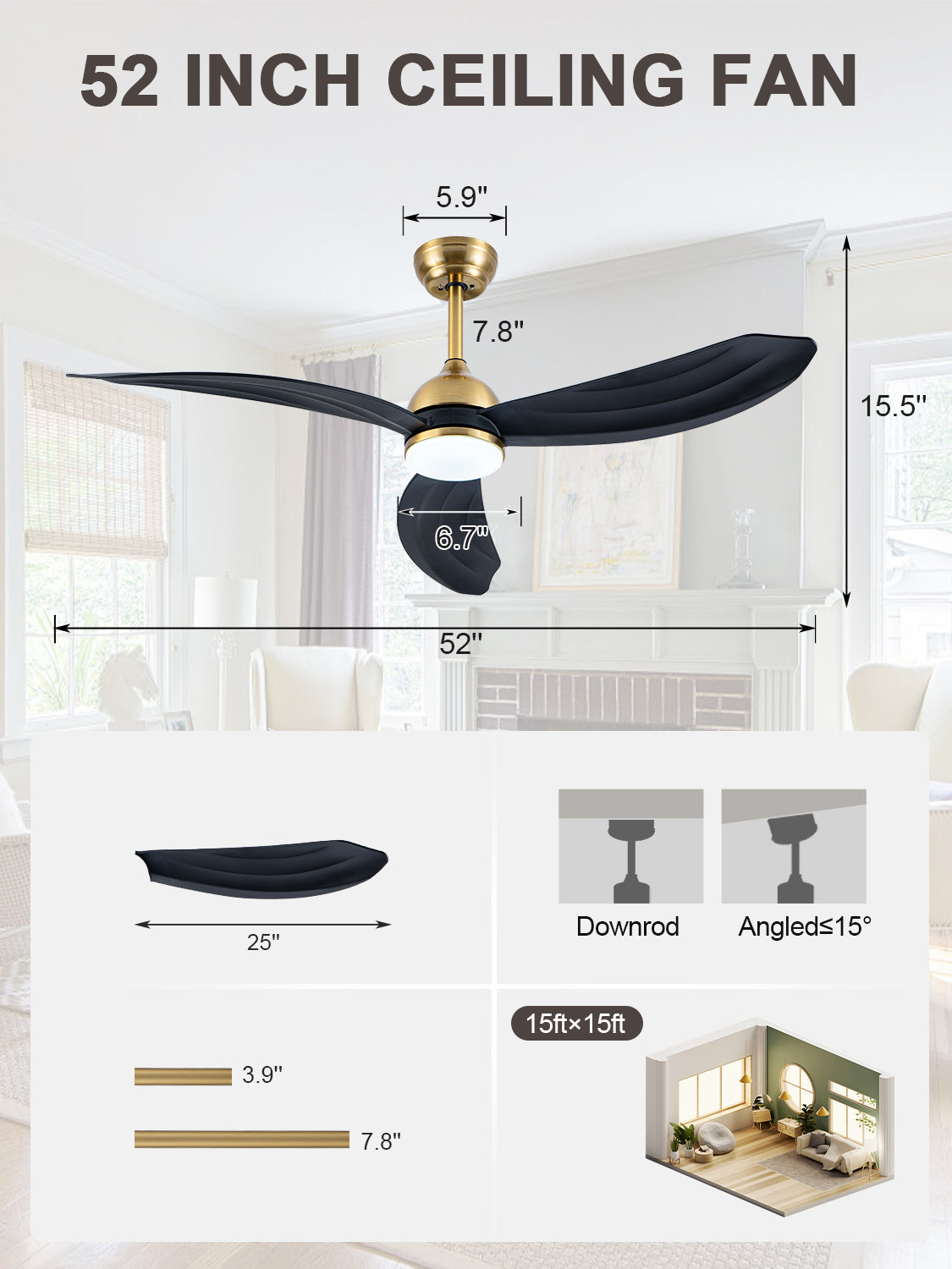 52 Inch Modern Smart Propeller Ceiling Fan with Dimmable LED Light and Remote & APP Control, 6-Speed Reversible Ceiling Fan