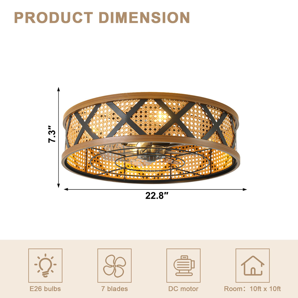 23 Inch Boho Rattan Flush Mount Ceiling Fan with Lights and Remote, 6 Speeds DC Motor Farmhouse Low Profile Bladeless Ceiling Fan