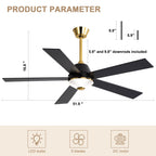 52 Inch Black and Gold Modern Ceiling Fan with LED Light and Remote Control, 6 Speeds DC Motor 5-Blade Reversible Ceiling Fan for Living Room