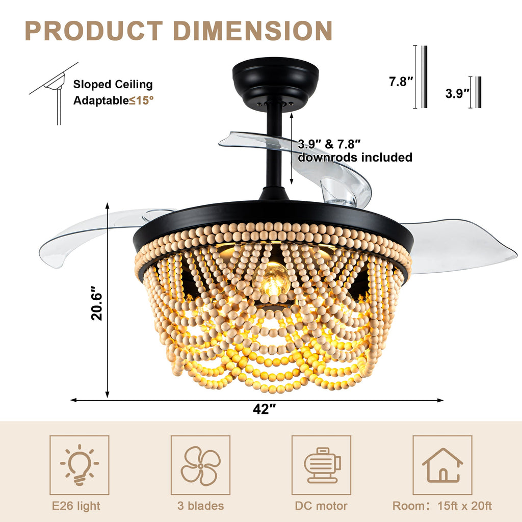 42 Inch Black Boho Retractable Ceiling Fan with Lights and Remote, 6 Speeds DC Motor Bladeless Fandelier Ceiling Fan with Wood Beaded Shade