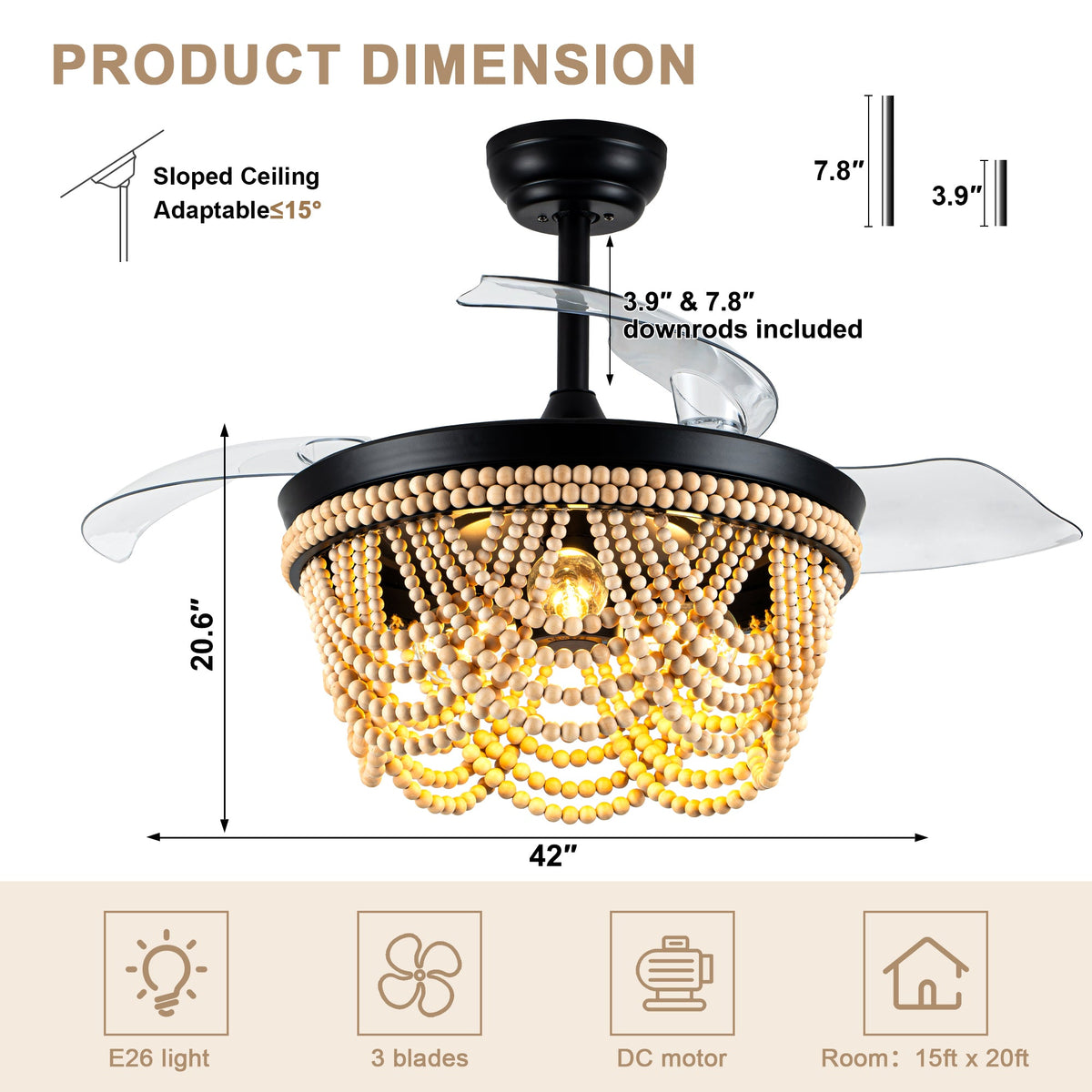 42 Inch Black Boho Retractable Ceiling Fan with Lights and Remote, 6 Speeds DC Motor Bladeless Fandelier Ceiling Fan with Wood Beaded Shade