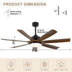 60 Inch 6-Blade Black Modern Large Ceiling Fan with LED Lights and Remote Control, 6 Speeds Reversible Ceiling Fan