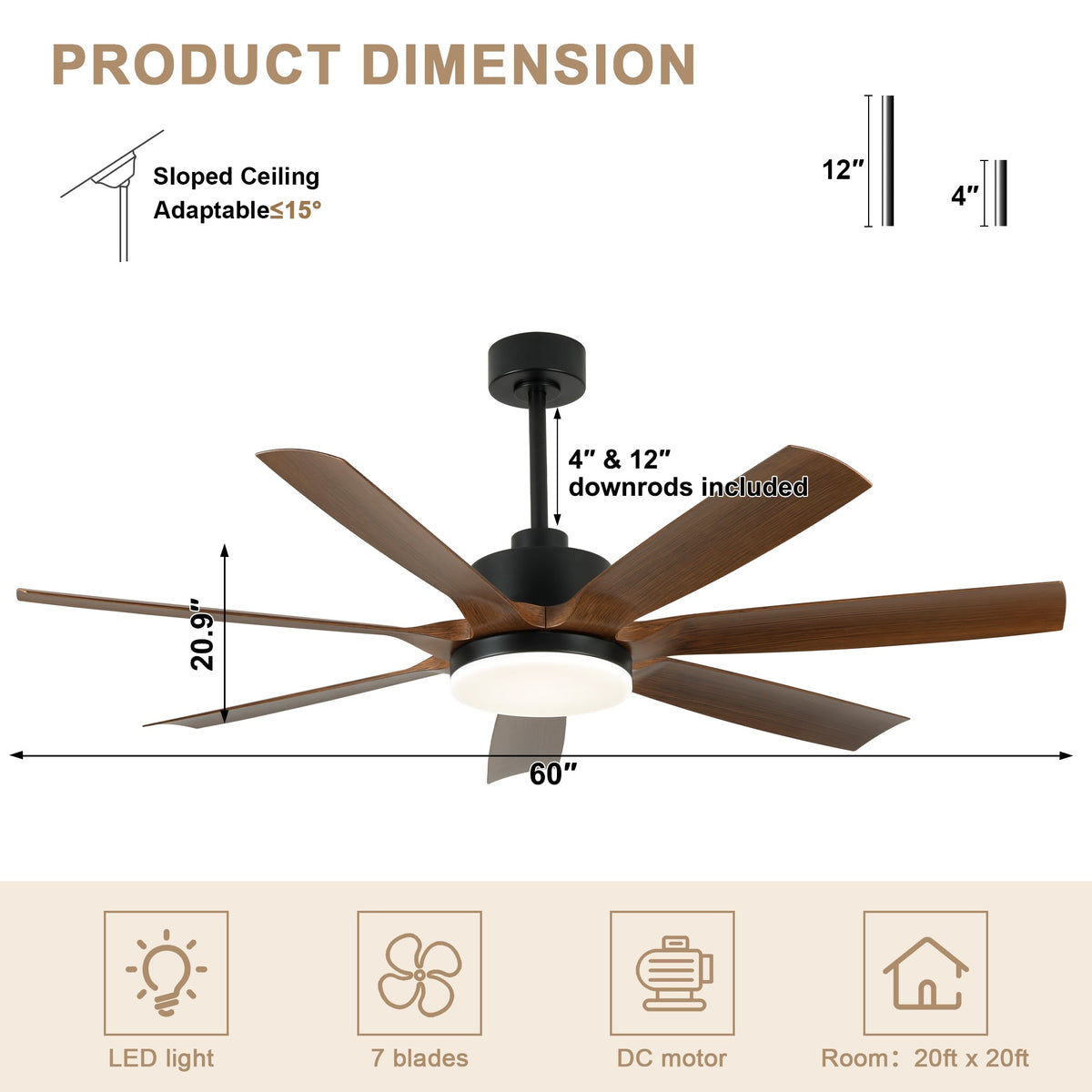 60 Inch 6-Blade Black Modern Large Ceiling Fan with LED Lights and Remote Control, 6 Speeds Reversible Ceiling Fan