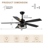 52 Inch Industrial Metal Caged Ceiling Fan with Lights and Remote Control, Silent DC Motor Fan for All Seasons