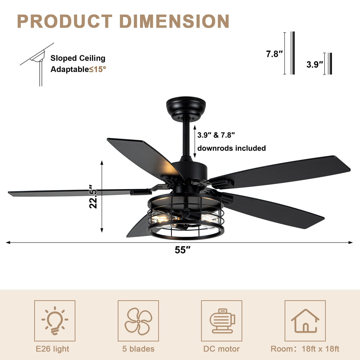 52 Inch Industrial Metal Caged Ceiling Fan with Lights and Remote Control, Silent DC Motor Fan for All Seasons