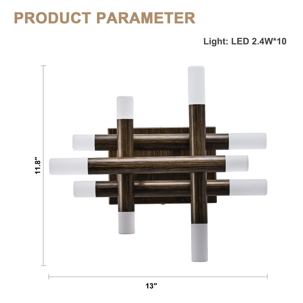 13 Inch Dark Brown Farmhouse Wood Flush Mount Wall Sconces with LED Lights, Rustic Wall Light for Hallway Bedroom
