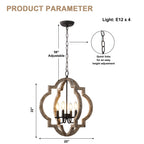 Vintage Farmhouse 22 Inch Chandelier Adjustable Height 4 Light Caged Chandelier Retro Handmade Wooden Pendant Light Suit for Living Rooms, Bedrooms, Kitchens