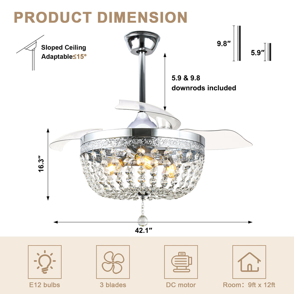 42 Inch Chrome Modern Glam Crystal Retractable Ceiling Fan with Lights and Remote Control, 6 Speeds DC Motor Fandelier Ceiling Fan