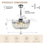 42 Inch Chrome Modern Glam Crystal Retractable Ceiling Fan with Lights and Remote Control, 6 Speeds DC Motor Fandelier Ceiling Fan