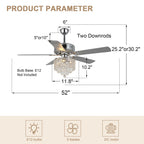 52 Inch Chrome Glam Crystal Ceiling Fan with Lights and Remote, 6 Speeds DC Motor Reversible Chandelier Ceiling Fan with Crystals