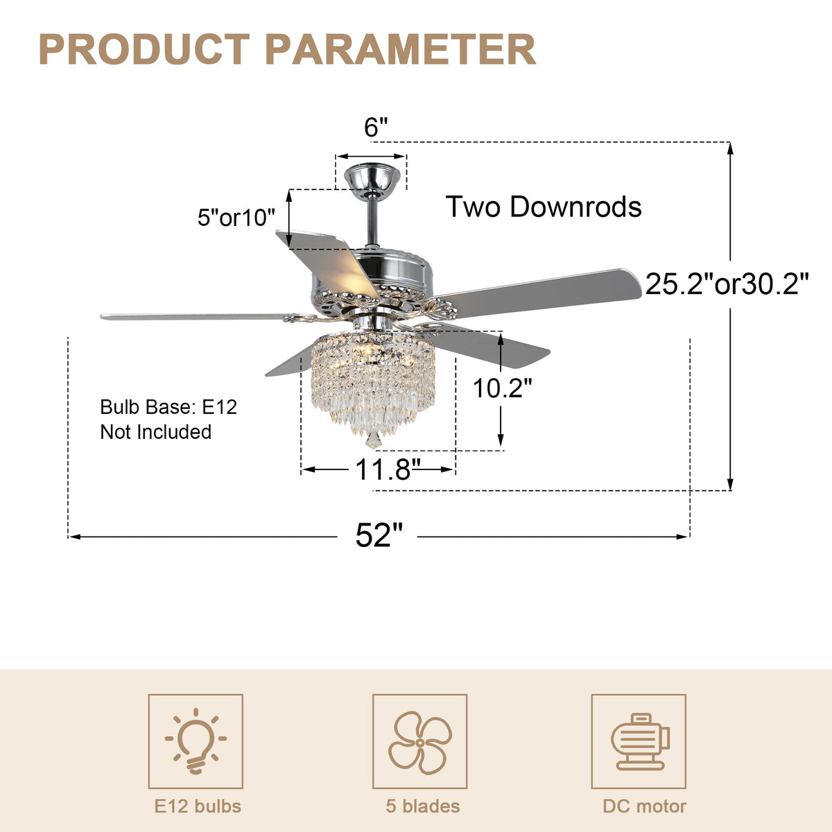 52 Inch Chrome Glam Crystal Ceiling Fan with Lights and Remote, 6 Speeds DC Motor Reversible Chandelier Ceiling Fan with Crystals