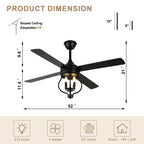 52 Inch Black Classic Ceiling Fan with Lights and Remote Control, 6 Speeds 4-Blade DC Motor Reversible Ceiling Fan for Living Room