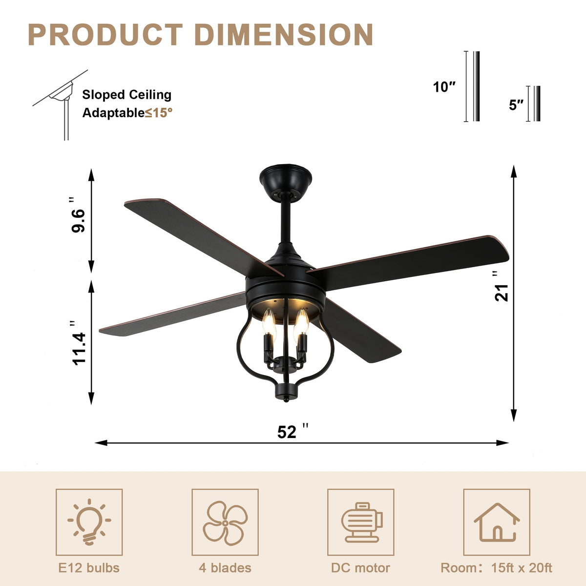 52 Inch Black Classic Ceiling Fan with Lights and Remote Control, 6 Speeds 4-Blade DC Motor Reversible Ceiling Fan for Living Room