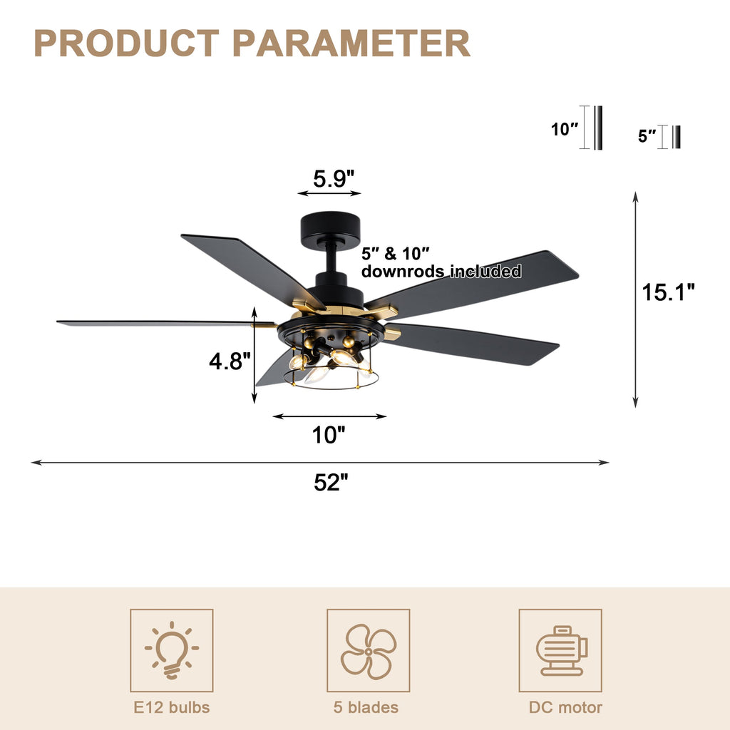 Industrial 52 Inch Gold/Black Caged Ceiling Fan with Light Quiet Reversible DC Motor with 6 Speed Remote Control Ceiling Fan 5 Blades Ceiling Fan Suit for Kitchen Bedroom Living Room