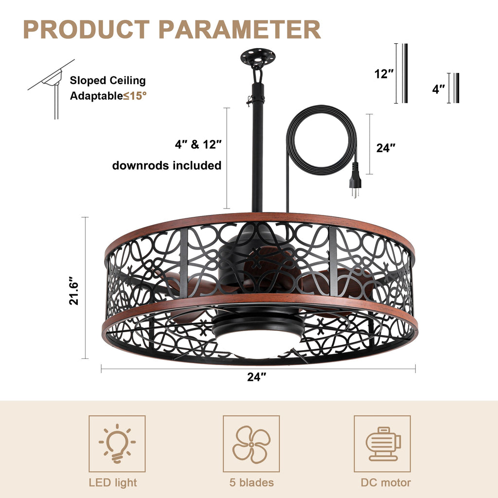 24 Inch Farmhouse Outdoor Waterproof Ceiling Fan with LED Light and Remote, 6 Speeds Black Plug In Caged Outdoor Fan Light