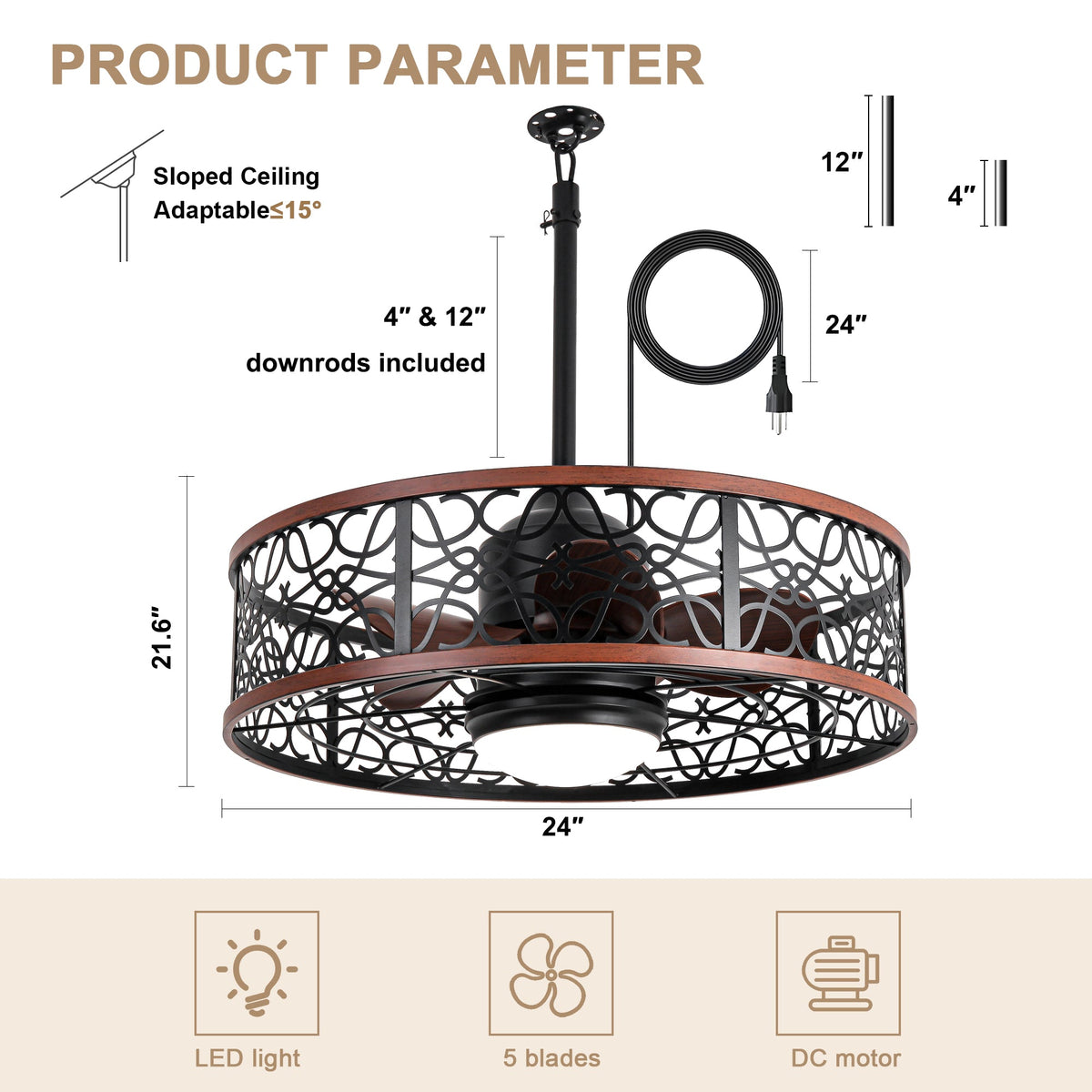 24 Inch Farmhouse Outdoor Waterproof Ceiling Fan with LED Light and Remote, 6 Speeds Black Plug In Caged Outdoor Fan Light