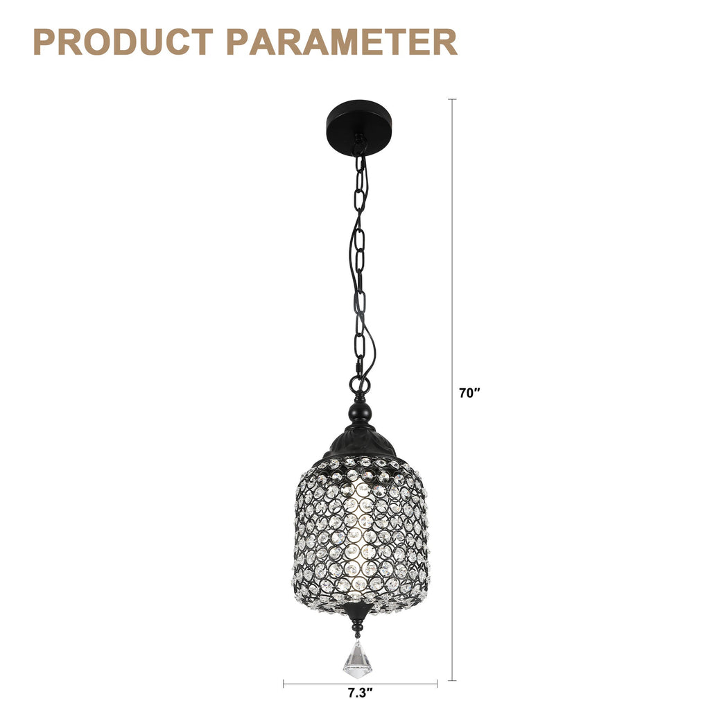 1 - Light Black/Chrome Cylinder Crystal LED Pendant Light, 7.3" Dining Room Light Fixtures Kitchen Island Light