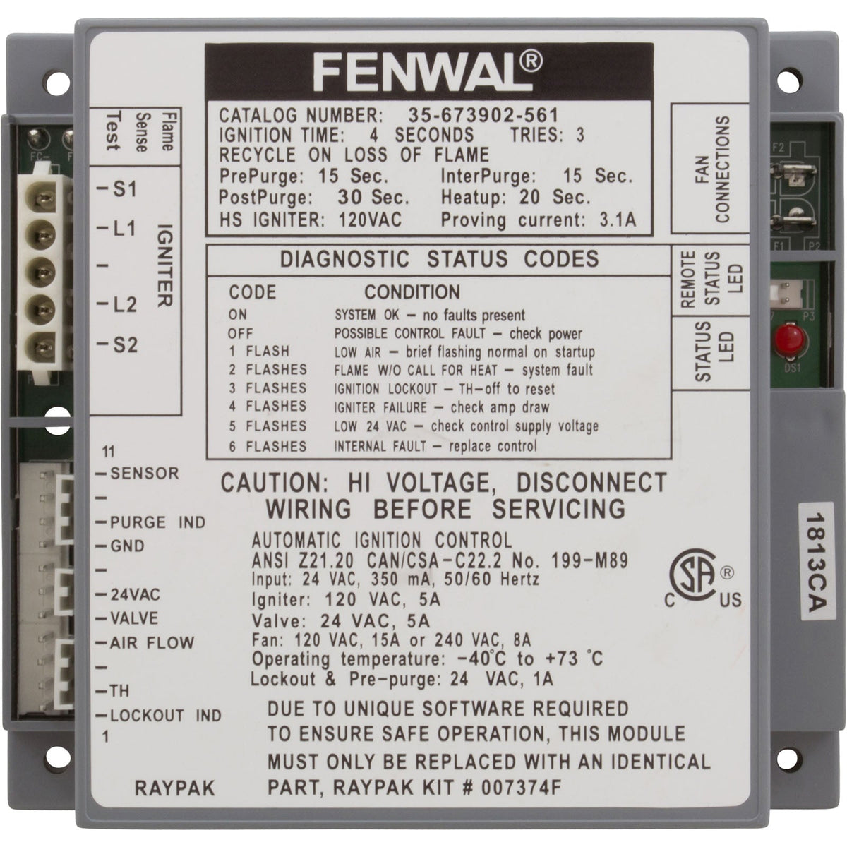 Ignition Control, Raypak Hi Delta 302A/B - 902A/B 007374F