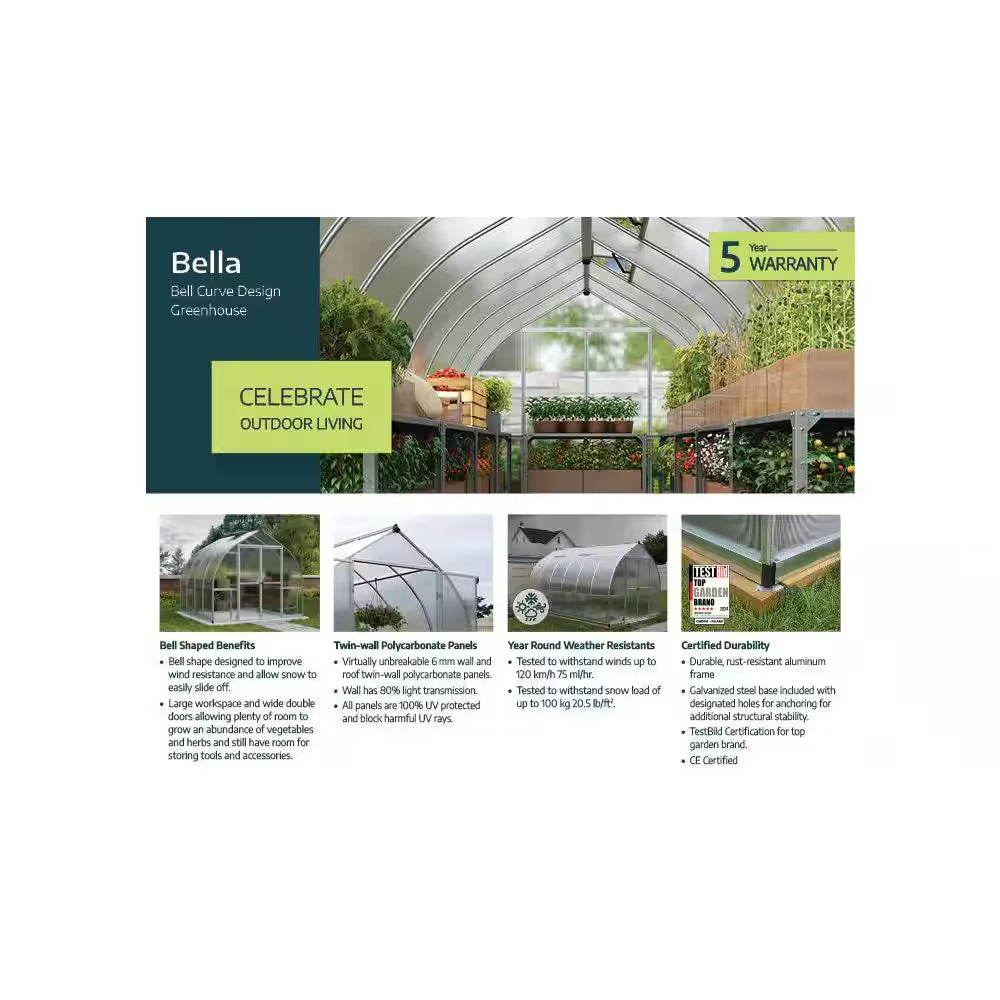 Bella 8 x 12 ft Silver Walk-In Greenhouse Kit with Diffused Polycarbonate Panels