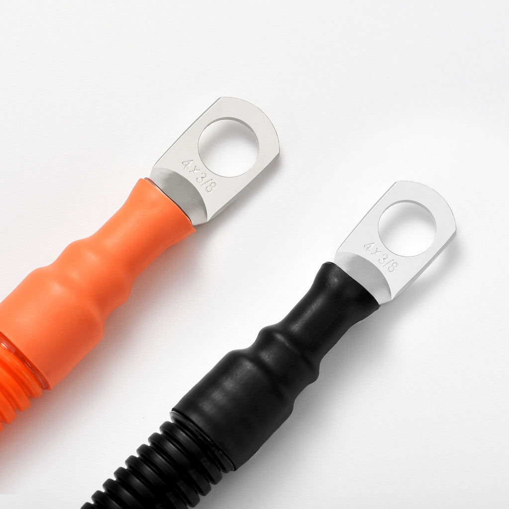 4 AWG 3/8” Battery Cables | Pair of 1 FT Orange & Black Pure Copper Battery Cables for Server Rack Busbar