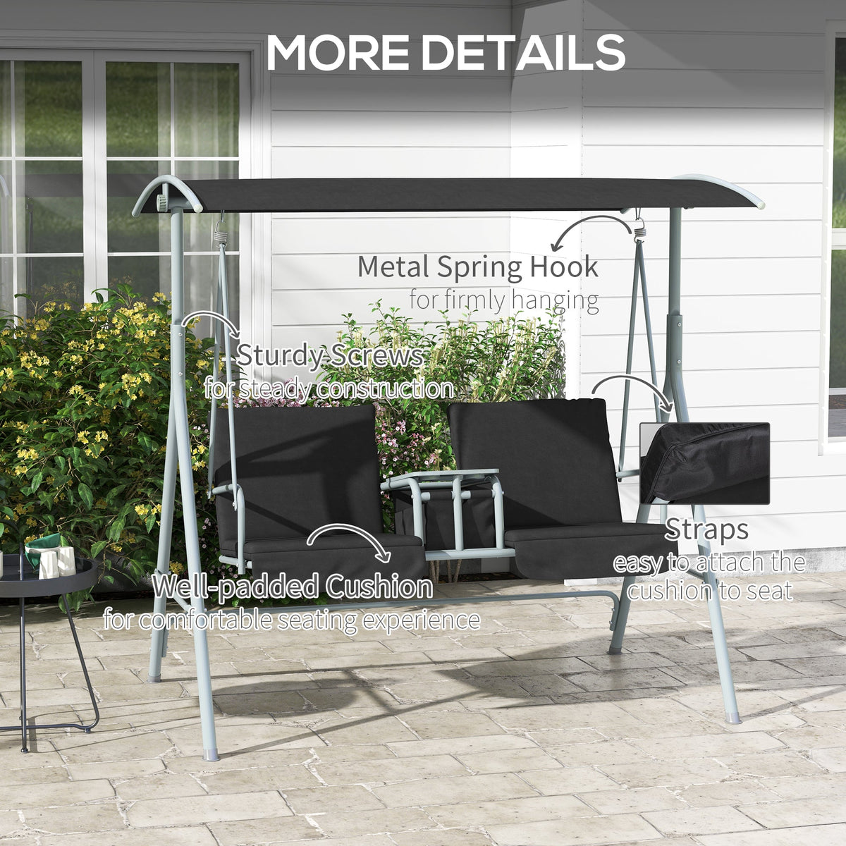 2 Seater Garden Swing Chair with Tilting Canopy, Tray & Storage Bag, Black
