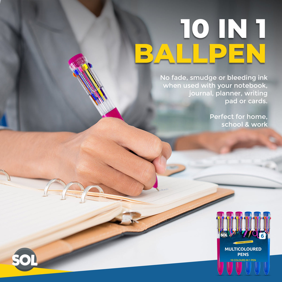Jumbo 10-in-1 Multi Colour Pens | Retractable Ballpoint | 6 Pack