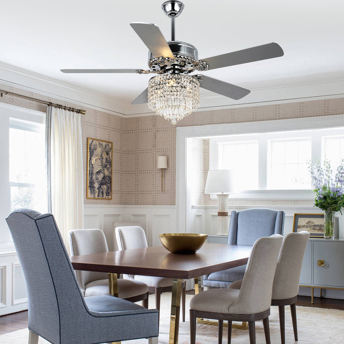 52 Inch Chrome Glam Crystal Ceiling Fan with Lights and Remote, 6 Speeds DC Motor Reversible Chandelier Ceiling Fan with Crystals