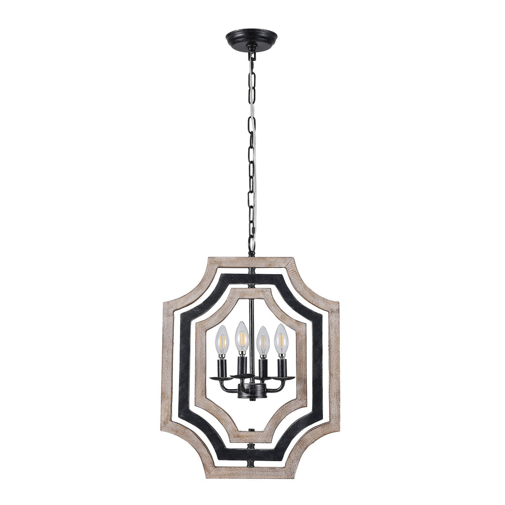 4 - Lights Distressed Wood Chandelier with Adjustable Chain, 16.9" Geometric Chandelier for Entryway with DIY Shade