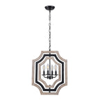 4 - Lights Distressed Wood Chandelier with Adjustable Chain, 16.9" Geometric Chandelier for Entryway with DIY Shade
