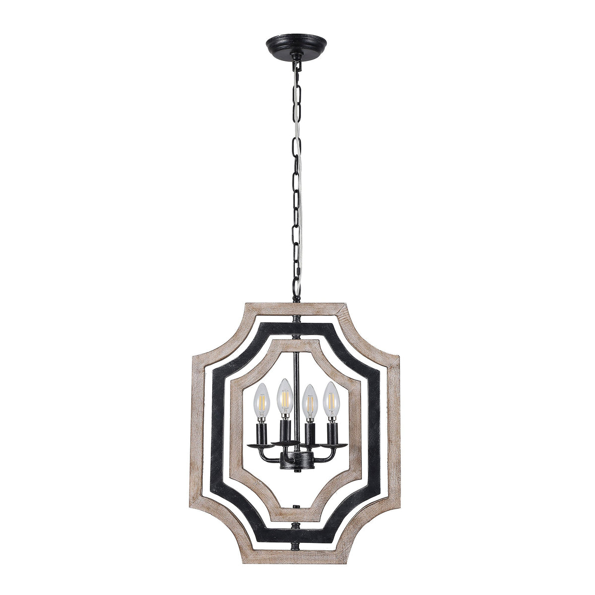4 - Lights Distressed Wood Chandelier with Adjustable Chain, 16.9" Geometric Chandelier for Entryway with DIY Shade