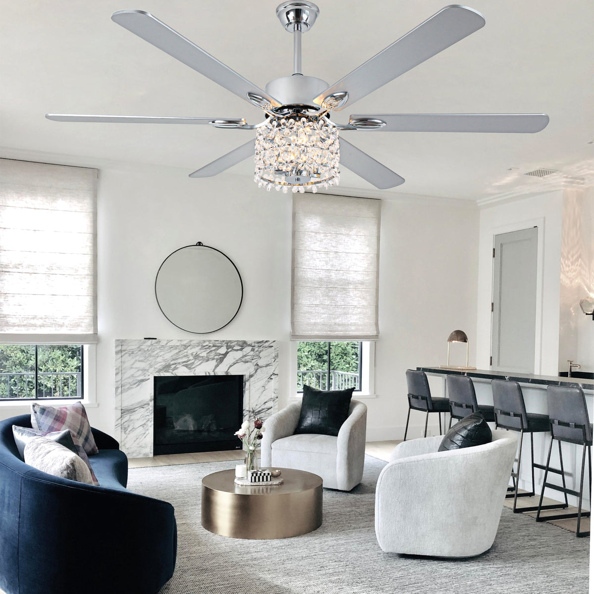 65 Inch Modern Glam Crystal Ceiling Fan with Lights and Remote Control,6 Speeds DC Motor  Black/Chrome Large Ceiling Fan with Crystals