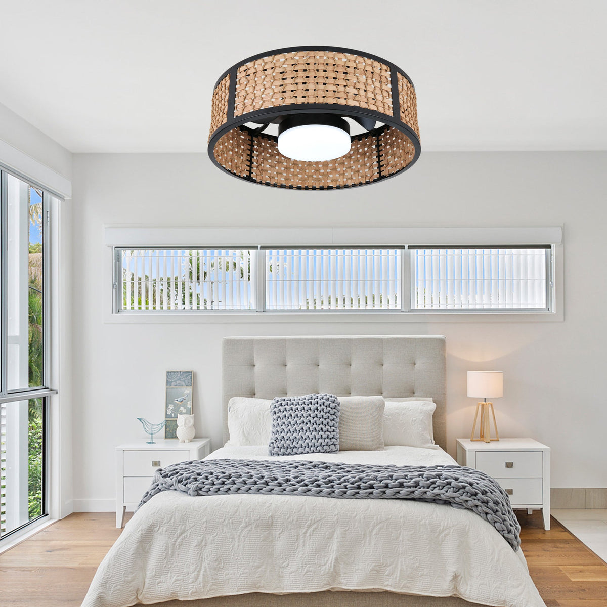 Bohemian 20 Inch Flush Mount Ceiling Fan with Light Caged Bamboo and Paper Rope Woven Shade Ceiling Fan with Ligth Dimmable LED and Reversible DC Motor Ceiling Fan Suit for Bedroom, Kitchen