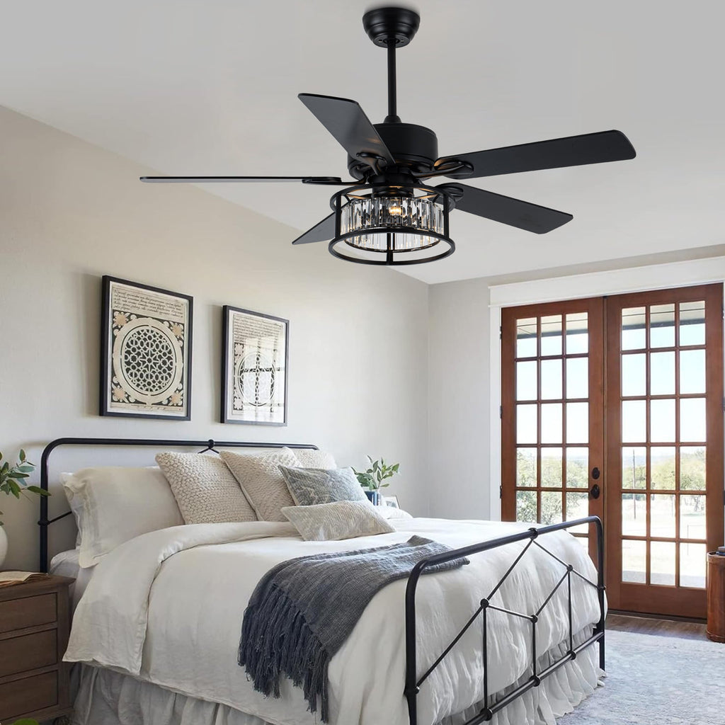 52 Inch Modern Glam Crystal Ceiling Fan with Lights and Remote, 6 Speeds DC Motor Black Reversible Ceiling Fan with Crystal Cage