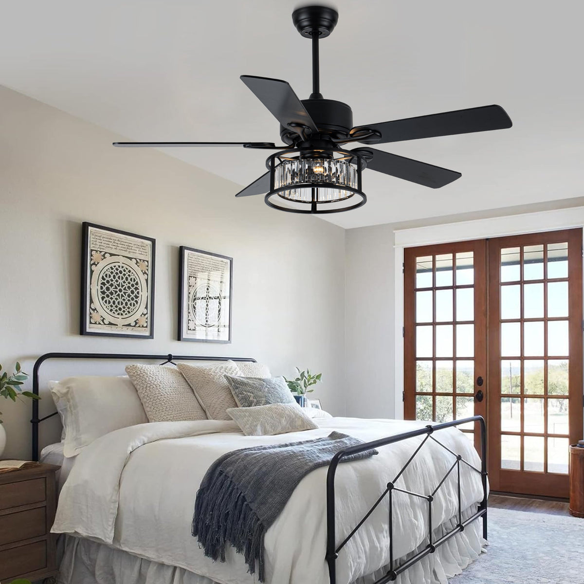 52 Inch Modern Glam Crystal Ceiling Fan with Lights and Remote, 6 Speeds DC Motor Black Reversible Ceiling Fan with Crystal Cage