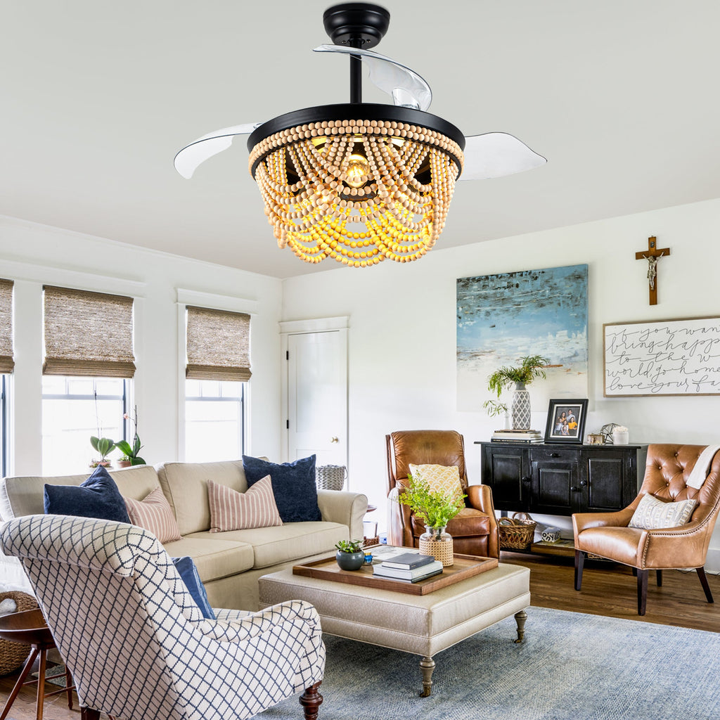 42 Inch Black Boho Retractable Ceiling Fan with Lights and Remote, 6 Speeds DC Motor Bladeless Fandelier Ceiling Fan with Wood Beaded Shade