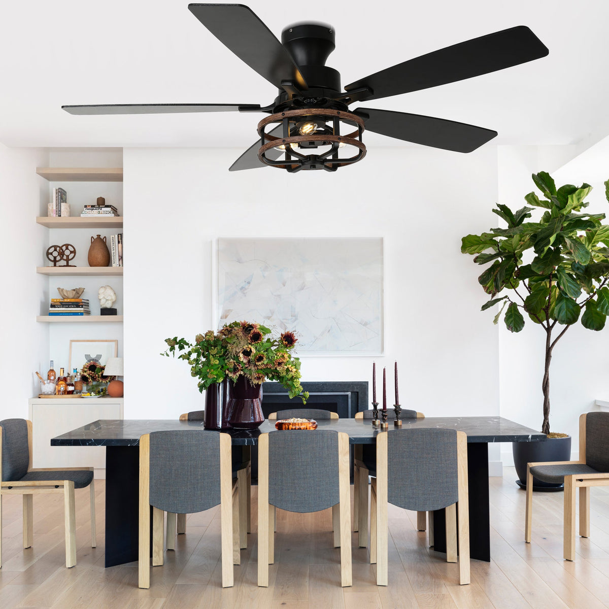 52 Inch Farmhouse Flush Mount Ceiling Fan with Lights and Remote, 6 Speeds DC Motor Reversible Low Profile Ceiling Fan for Living Room