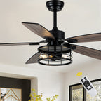 52 Inch Industrial Metal Caged Ceiling Fan with Lights and Remote Control, Silent DC Motor Fan for All Seasons