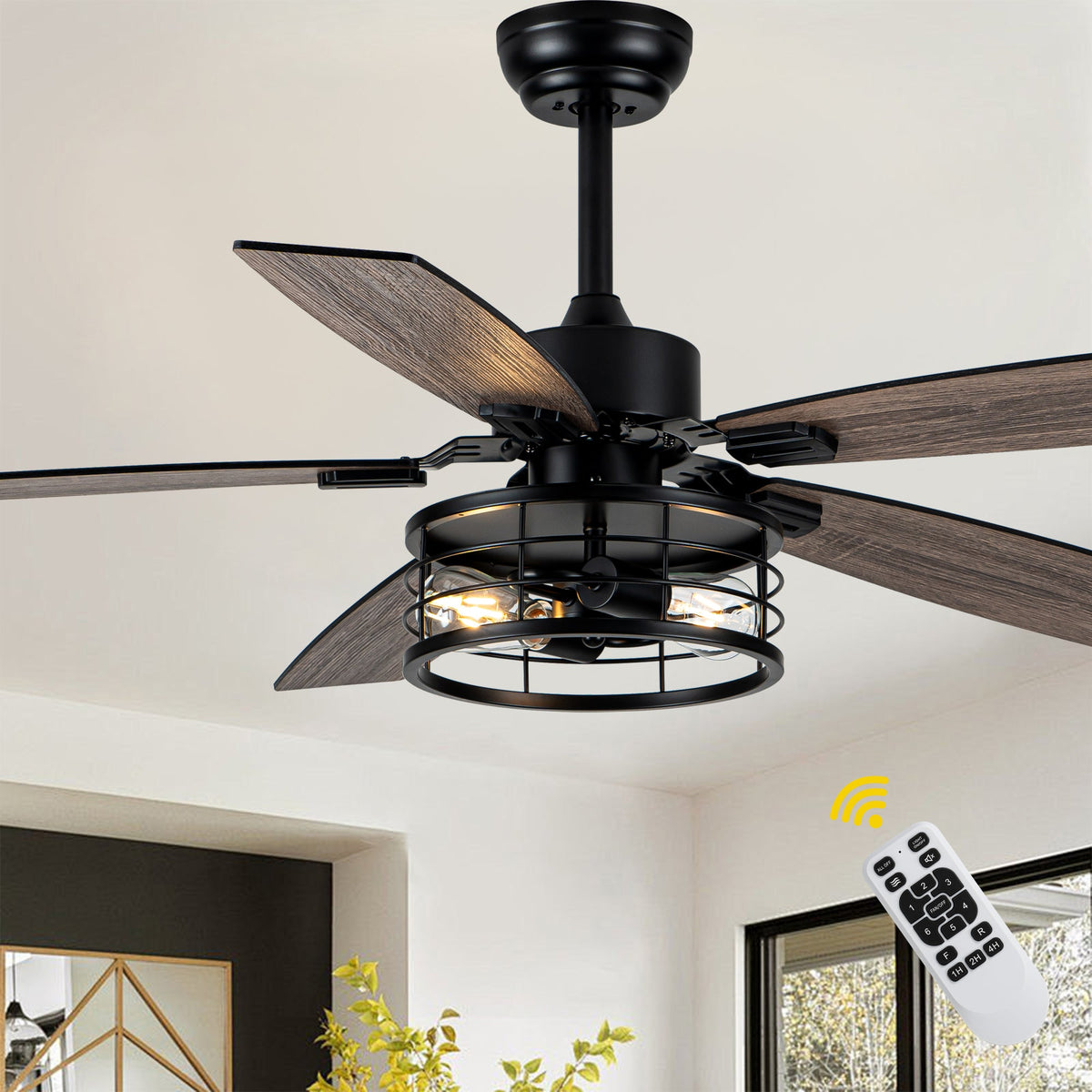 52 Inch Industrial Metal Caged Ceiling Fan with Lights and Remote Control, Silent DC Motor Fan for All Seasons