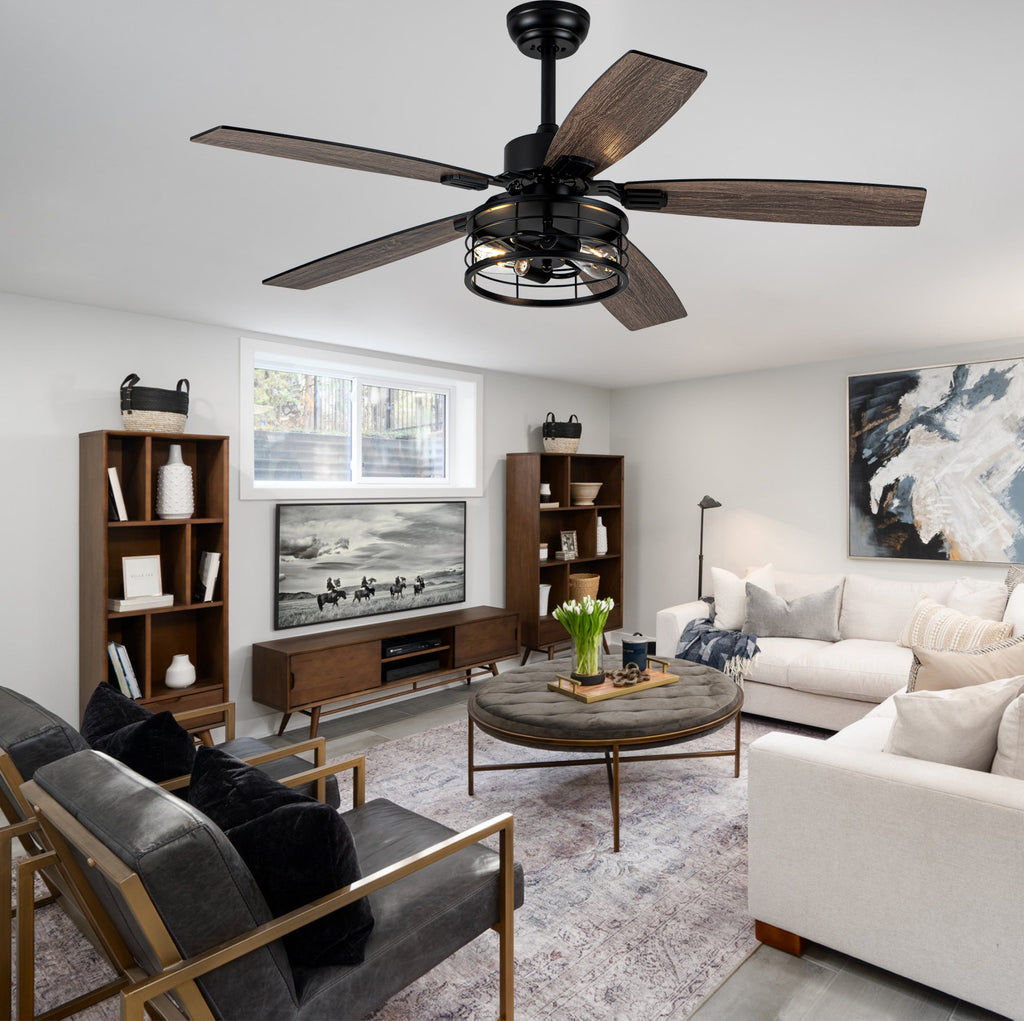 52 Inch Industrial Metal Caged Ceiling Fan with Lights and Remote Control, Silent DC Motor Fan for All Seasons