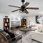 52 Inch Industrial Metal Caged Ceiling Fan with Lights and Remote Control, Silent DC Motor Fan for All Seasons