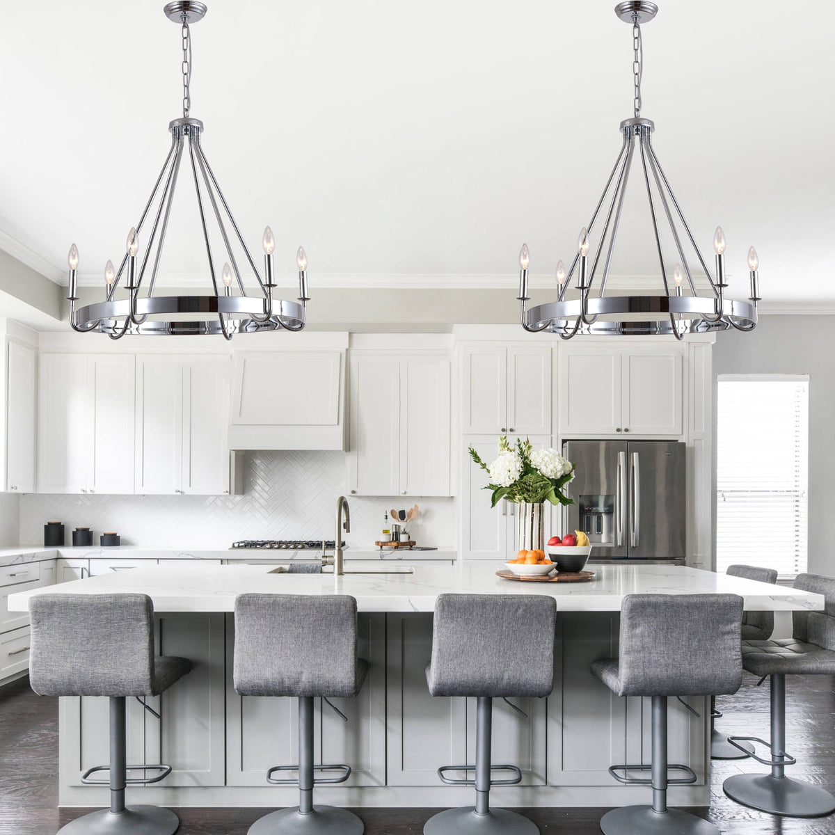 6 - Light Chrome Farmhouse Wagon Wheel Chandelier,  28 Inch Industrial Rustic Vintage Round Kitchen Island Pendant Light for Dining Room