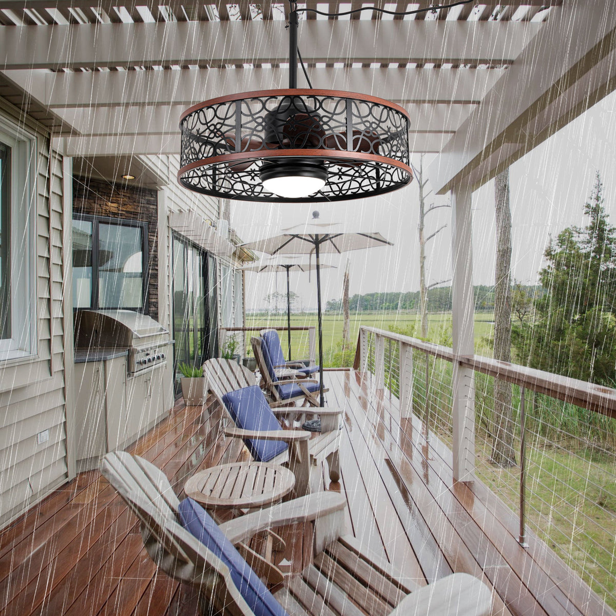 24 Inch Farmhouse Outdoor Waterproof Ceiling Fan with LED Light and Remote, 6 Speeds Black Plug In Caged Outdoor Fan Light