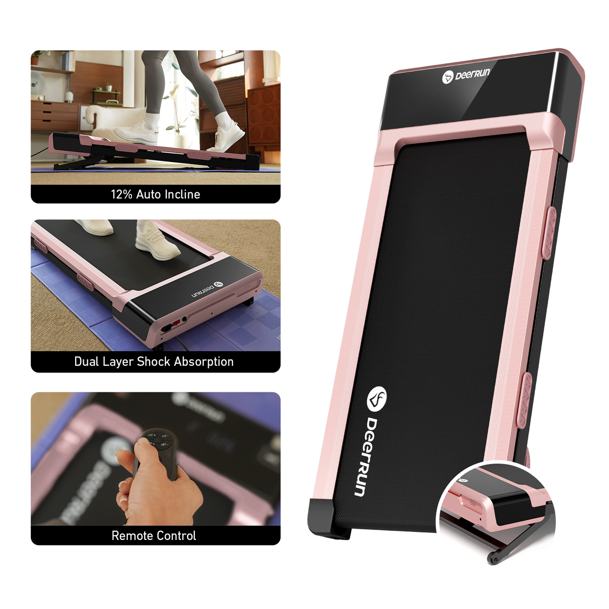 DeerRun Z10 12% Auto Incline Smart Walking Pad Treadmill with remote control Pink-Fat-burning & fitness friendly