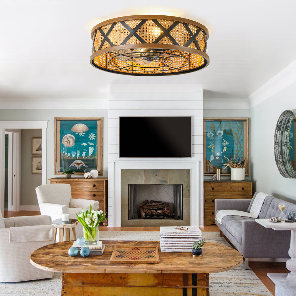 23 Inch Boho Rattan Flush Mount Ceiling Fan with Lights and Remote, 6 Speeds DC Motor Farmhouse Low Profile Bladeless Ceiling Fan